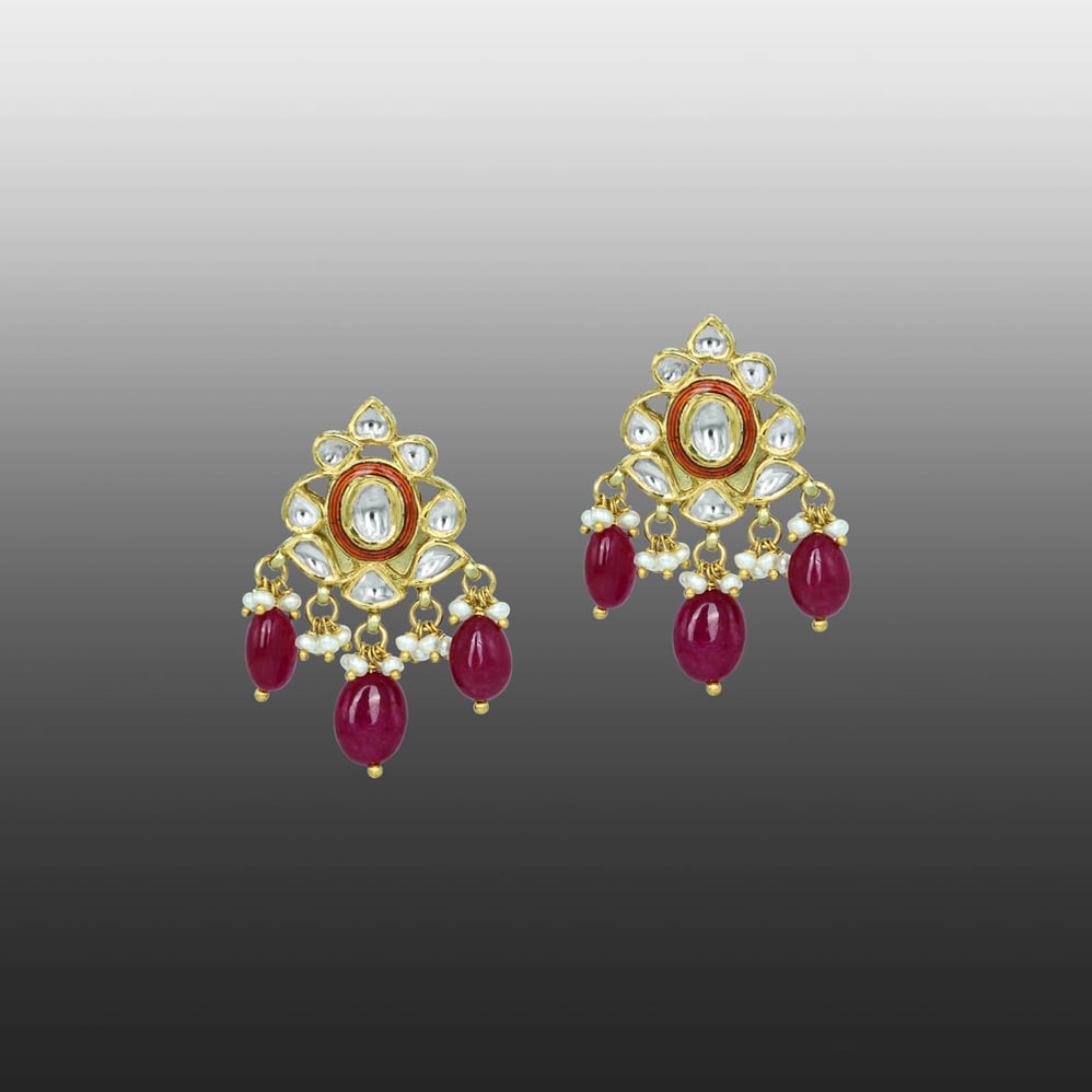 Polki Earrings with Red Enamel, Ruby Drops, and Pearls